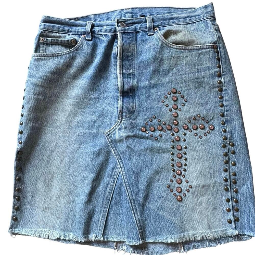 Upcycled Vintage Levi’s 501XX Denim Skirt Rhinestone Cross Studded Y2K